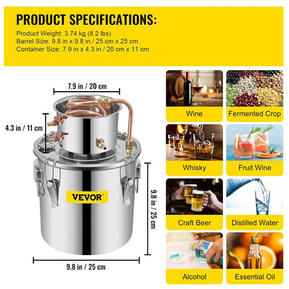 VEVOR Alcohol Still 3Gal/12L Alcohol Distiller Stainless Steel Distillery Kit for Alcohol With Copper Tube Home Brewing Kit Built-in Thermometer for DIY Whisky Wine Brandy - QUORE