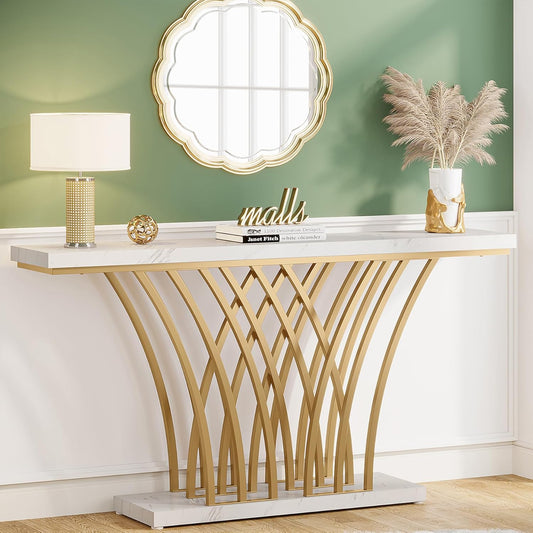 Tribesigns Gold Console Table, 150 x 29.5 x 80 cm Modern Entrance Table with Grid Metal Base for Entrance, Hallway, Front Room, Living Room (White and Gold)