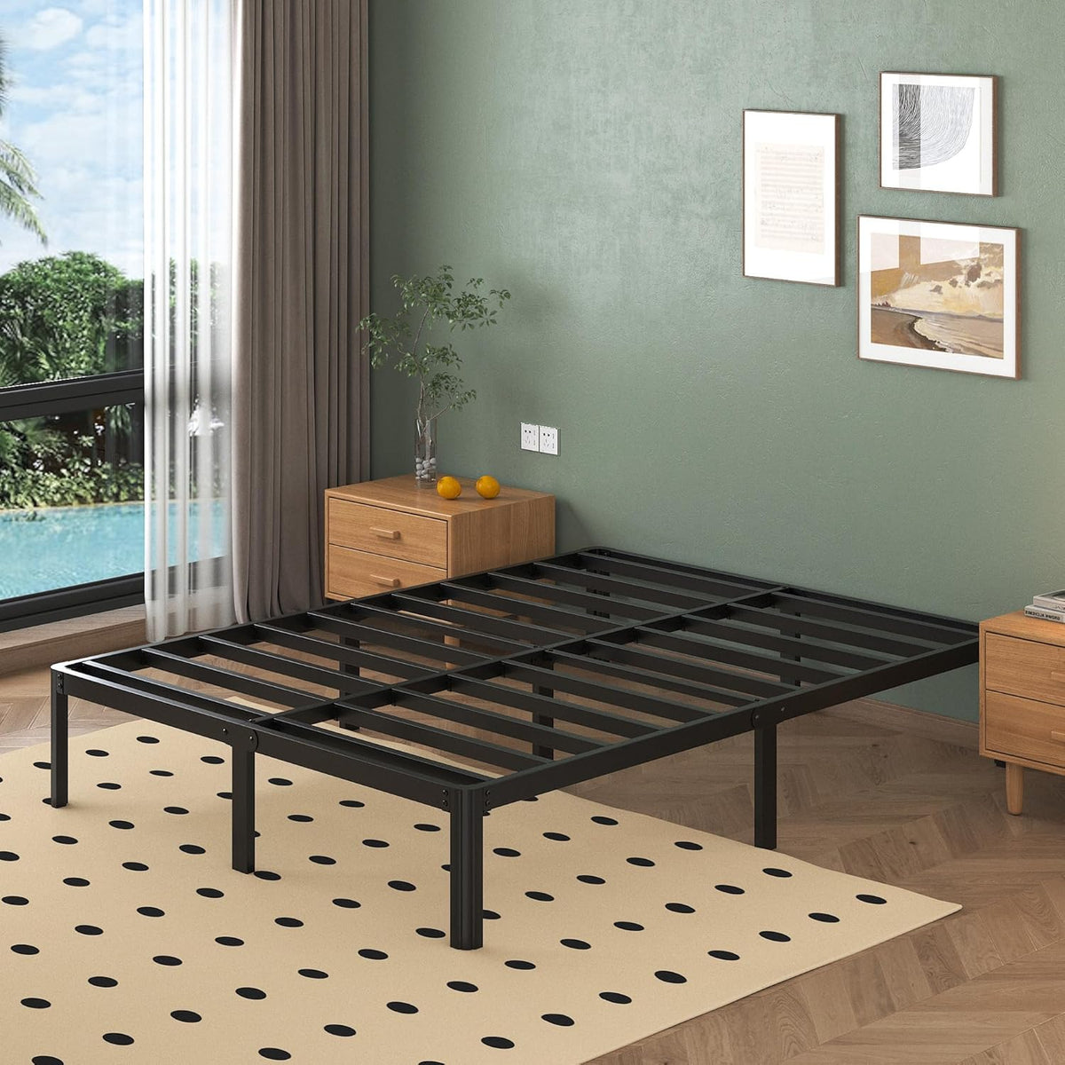 Metalen Bed 140x200 cm met Ronde Poten, Hoogte 36cm Jeugdbed Frame met Metalens Lattenbodem, Zwart