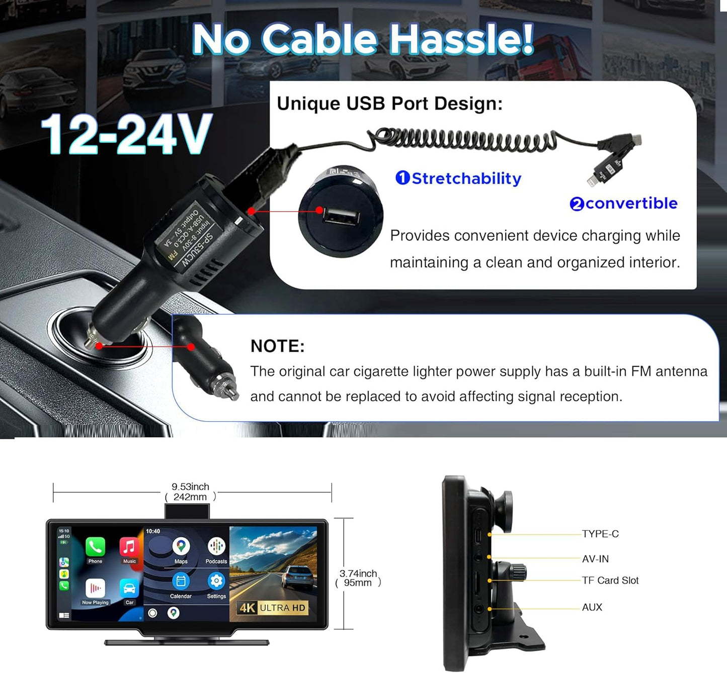 SCUMAXCON Draagbare Auto Stereo Draadloze CarPlay Android Auto 4 K Dash Cam met Backup Cam Airplay 10.3 inch IPS Touchscreen Loop Opname GPS Navigatie Bluetooth FM AUX Ingebouwde Speaker Android Cast