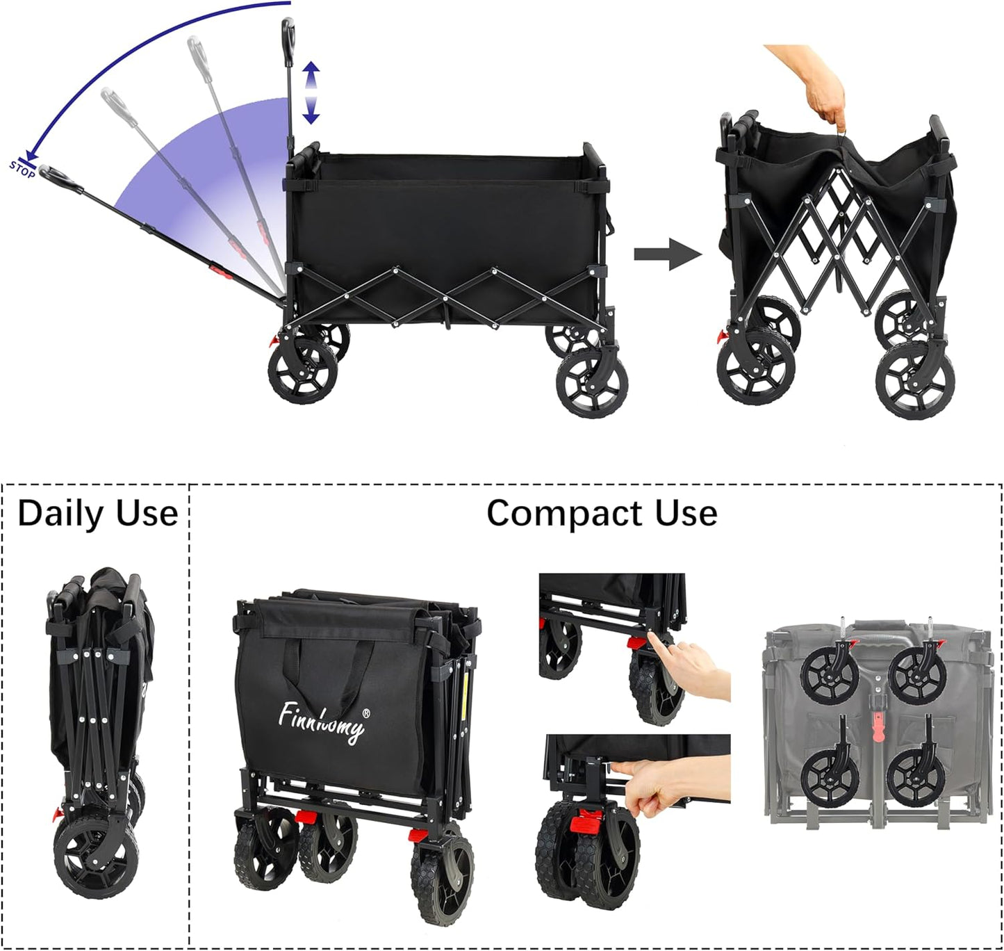 Finnhomy 150L opvouwbare campingtrolley met rem, opvouwbare festivalwagen met verwijderbare wielen, 150 kg capaciteit met bekerhouders