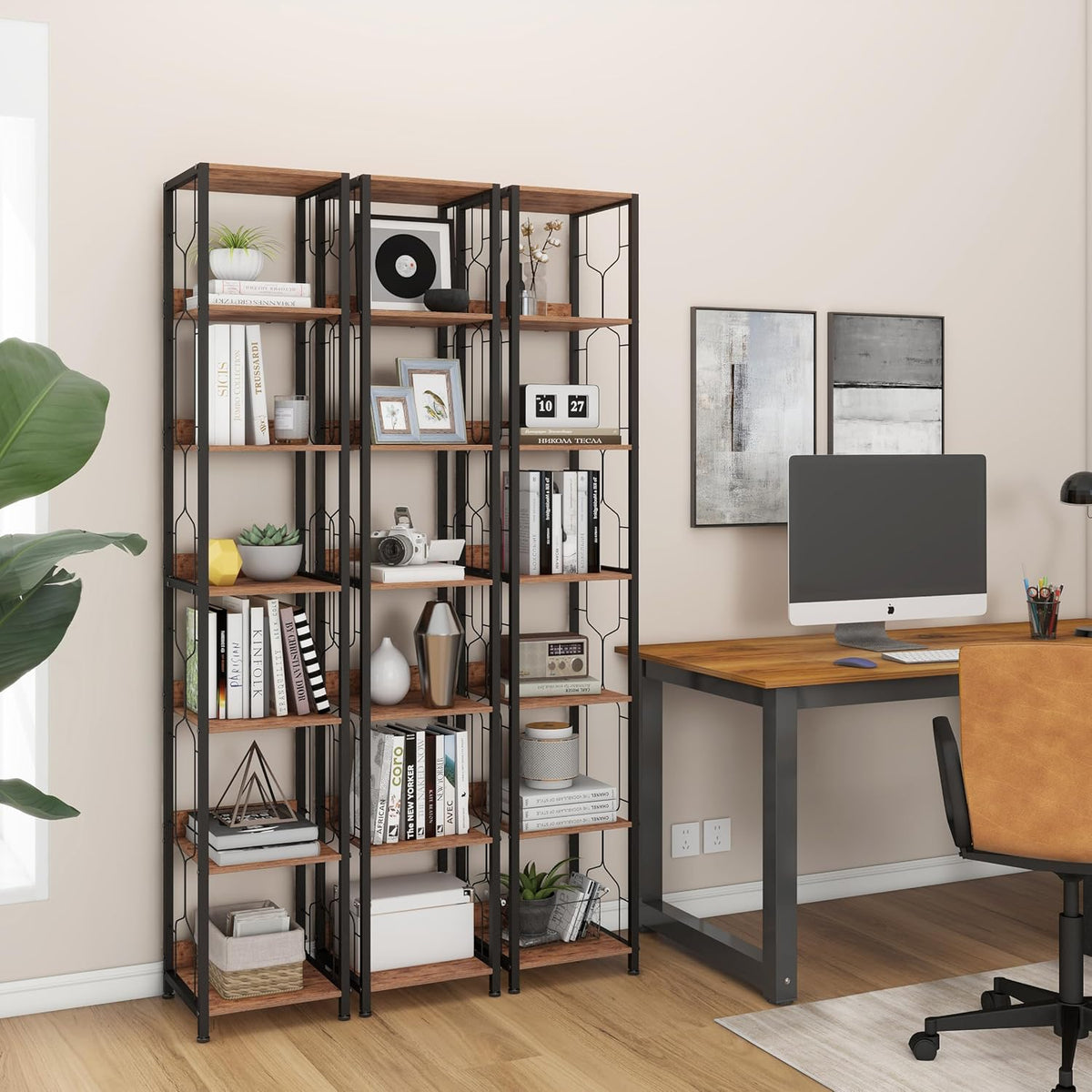 Boekenkasten, staande planken, 6 niveaus, hoekboekenkast, industrieel hoekrek, slank rek voor thuiskantoor, rustieke vierkante kasttoren voor kleine ruimtes