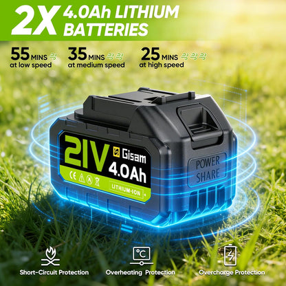 Bladblazer met Accu, Gisam Elektrische Bladblazer Borstelloos met 2x3.0Ah batterijen, Leaf Blower 2 Snelheden + Turbo Schakelaar Max 25000RPM, Luchtvolume 750m³/h, Voor Tuin Gazononderhoud