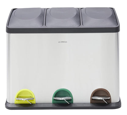 ARREGUI Step Bin CR705-45L Stalen Afval- en Recyclingbak met Pedaal | 3x15L (45L) | Keukenafvalbakken | Recycleeremmer voor Huis en Kantoor