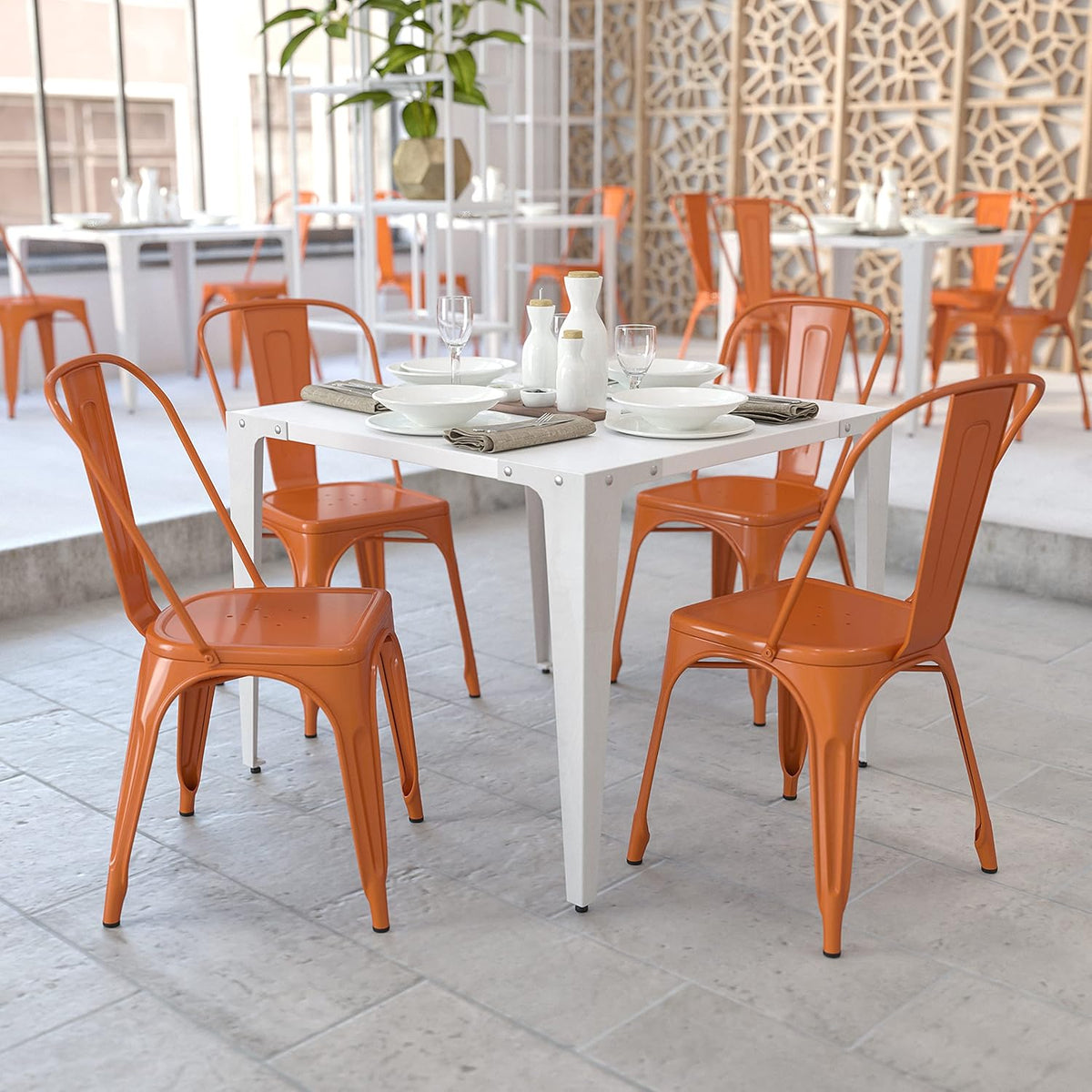 Flash Furniture Stapelbare stoel van metaal, voor binnen en buiten, kunststof, rubber, oranje, 4 stuks