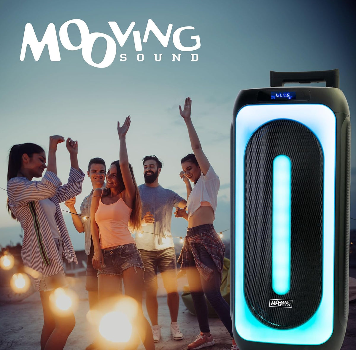 Mooving Sound - MS-MAGICSOUND1000-2x10"/1000W batterij gevoede luidspreker met lichteffect aan de voorzijde en 2 draadloze microfoons - Bluetooth/USB/AUX/MicroSD en TWS - Zwart