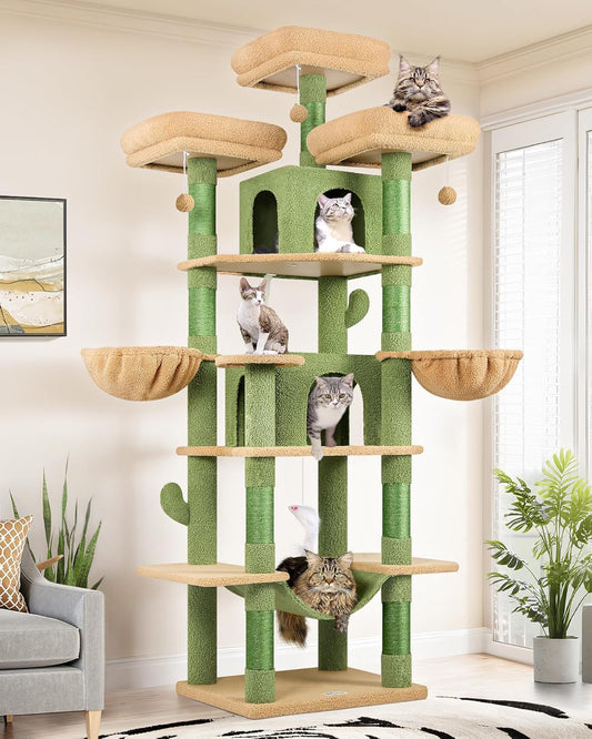 Globlazer cat tree large xxl Cactus Green tall 204cm with 3 Seat rod padded, 2 cat house, 2 Basket, Hammock, luxury Scratching post stable for 3-5 cats Rest Play scratching indoors (F80, Green)