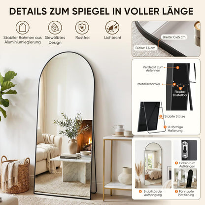 Antok 208 x 112 cm full-body spiegel, gebogen staande spiegel, frame van aluminiumlegering, onbreekbaar glas, vloerspiegel voor woonkamer, kleedkamer, zwart