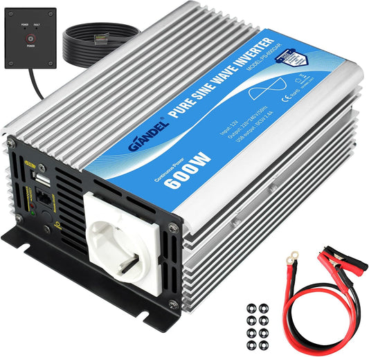 600 W omvormer, zuivere sinus, spanningsomvormer, 12 V naar 230 V, power inverter met afstandsbediening en USB-aansluiting voor laptop, camera, smartphone, GIANDEL zilver