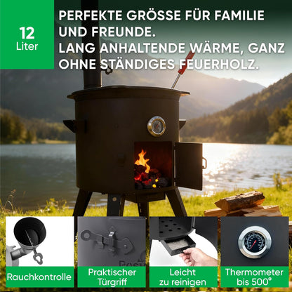 Utschak Kazan Fire Stove with Thermometer Cast Iron Pan Round Bottom with Lid (12 L), Skimmer 48 cm, Ladle 48 cm KazanoFF Fire Bowl Camping Kazan Goulash Cannon Dutch Oven (Set 3) - QUORE
