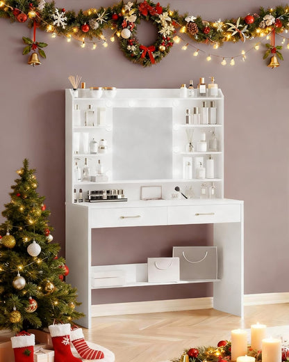 Hzuaneri Dressing Table with Mirror and LED Lighting, Adjustable Brightness, Dressing Table with Shelves and 2 Drawers, for Bedroom, Living Room, 40 X 100 X 149 cm, WhiteDT38703X