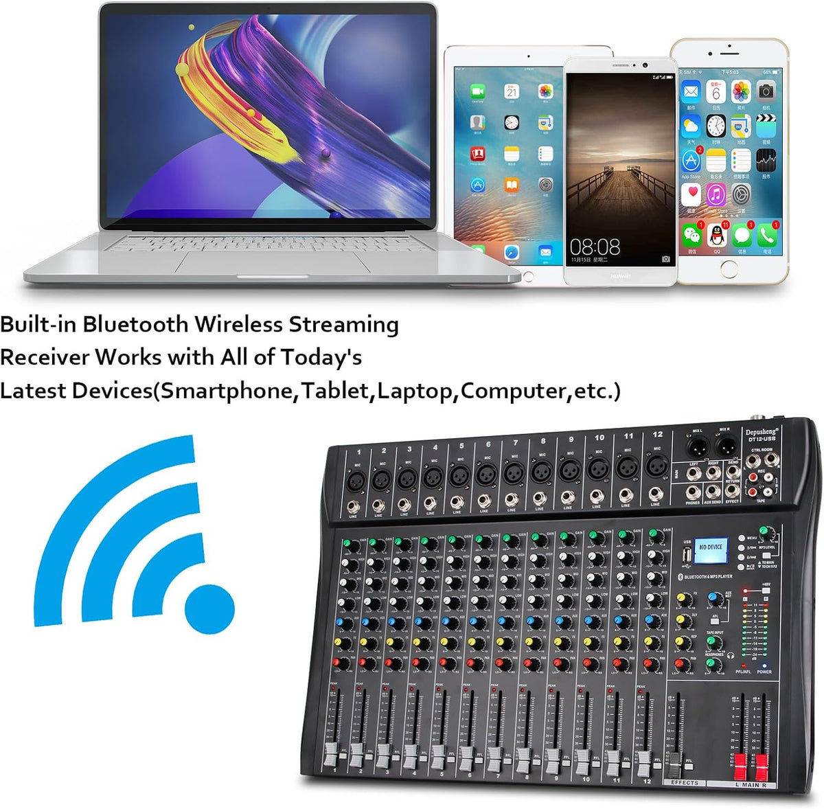 12-Kanaals Audiomixer – Mengpaneel – DJ-Mixer – Mengtafel – Muziekmixer – Bluetooth Draadloos Streamen – +48V Fantoomvoeding