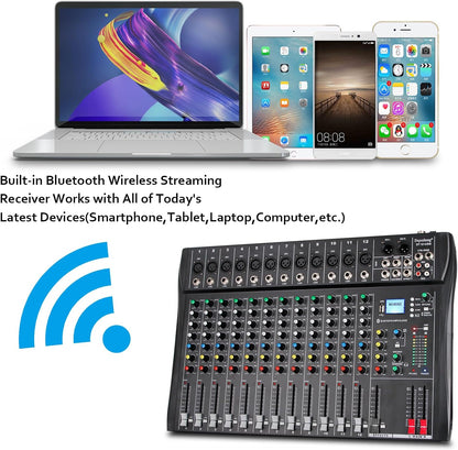 12-Kanaals Audiomixer – Mengpaneel – DJ-Mixer – Mengtafel – Muziekmixer – Bluetooth Draadloos Streamen – +48V Fantoomvoeding