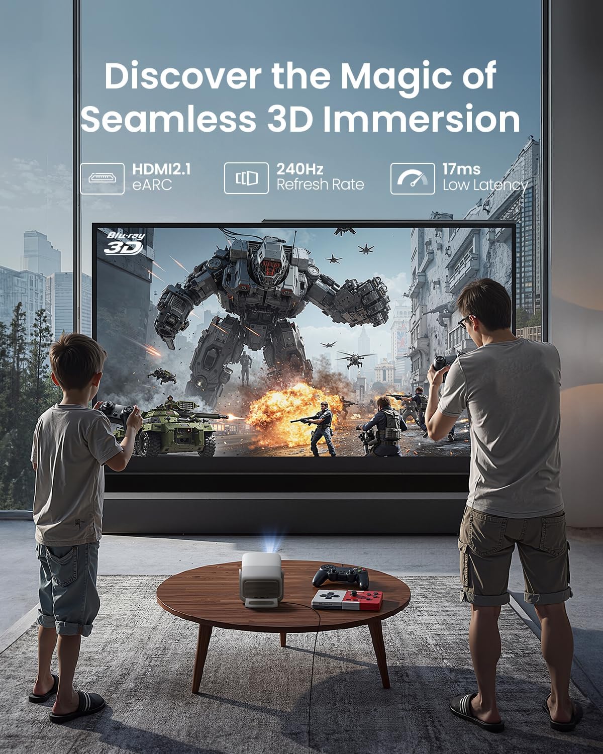 JMGO N1S 4K Mini Projector, Triple Laser, 1100 ISO Lumen, Instant Gimbal Autofocus, Google TV, Netflix, 110% BT.2020, HDR10, 10W Dolby Audio, 3D Blu-ray, 200" voor buiten, gaming en feestjes