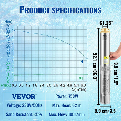VEVOR Diepbronpomp motor met 750 W, dompelpomp voor fonteinen, 230 V, 50 Hz, dompelpomp voor fonteinen, maximale debiet van 105 l/min, bronpomp voor akkerland, fabrieken, mijnbouw
