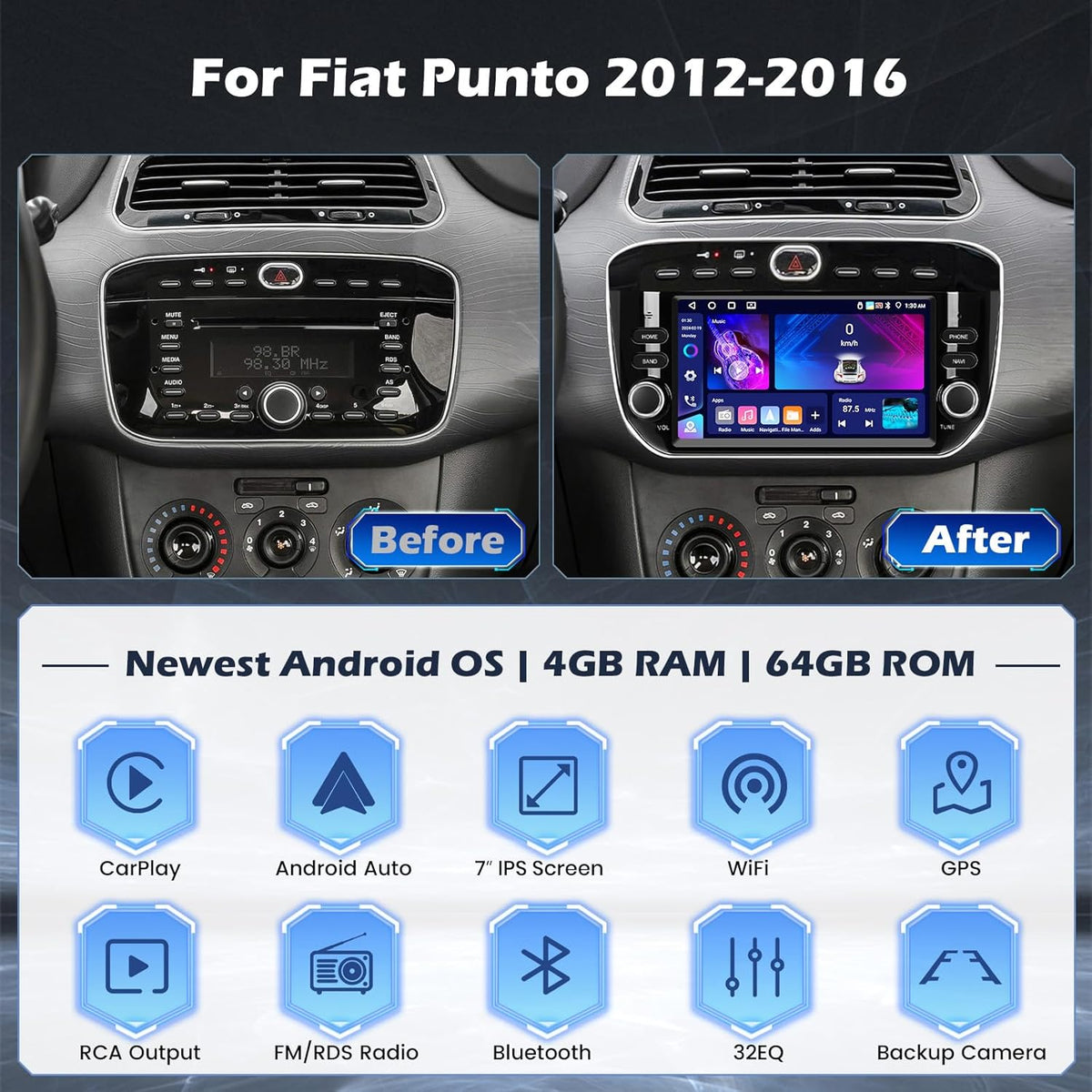 Hikity 4+64G Android 15 autoradio voor Fiat Punto 2012-2016 met 7 inch touchscreen, stereo radio met draadloze CarPlay Android Auto FM RDS radio BT GPS WiFi SWC Mirror Link + achteruitrijcamera + micr