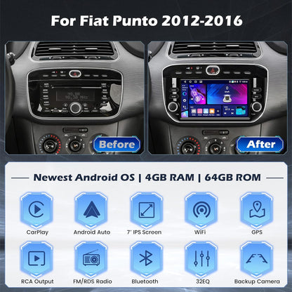 Hikity 4+64G Android 15 autoradio voor Fiat Punto 2012-2016 met 7 inch touchscreen, stereo radio met draadloze CarPlay Android Auto FM RDS radio BT GPS WiFi SWC Mirror Link + achteruitrijcamera + micr