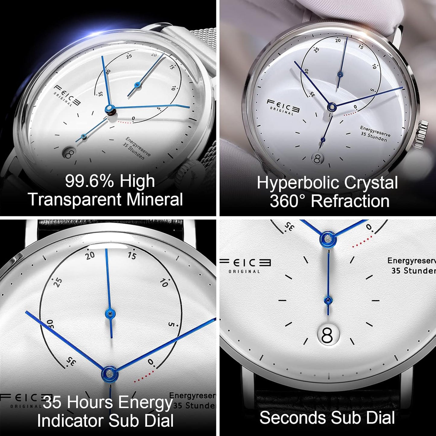 Men's Wristwatches FEICE Bauhaus Automatic Mechanical Watch with Domed Mirror Waterproof Big face Dress Watches for Men ⌀42mm -FM202