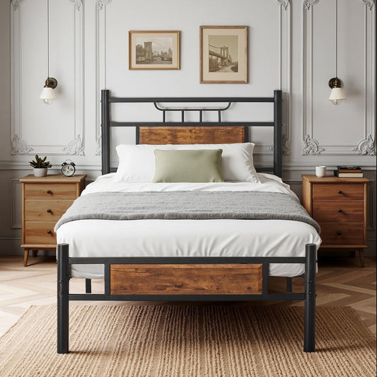 VECELO Bedframe 90 x 200 cm met houten hoofdeinde, houten metalen bed met lattenbodem, bedframe van metaal, eenpersoonsbed, jeugdbed, logeerbed, perfect voor slaapkamer, bruin