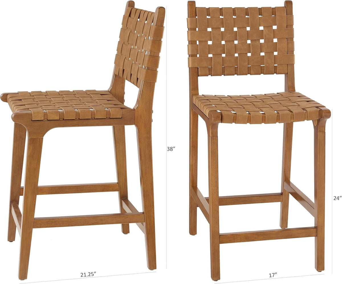 Ball & Cast PU lederen geweven tegenkruk, houten frame keuken eiland barkruk met voetsteun, rugleuning geweven kruk-stoel voor dineren, bruin