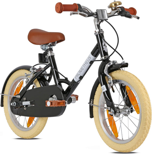 PROMETHEUS BICYCLES Retro Kinderfiets 14 inch vanaf 4 jaar - Kinderfiets voor meisjes en jongens, fiets voor kinderen PETITAGE in zwart