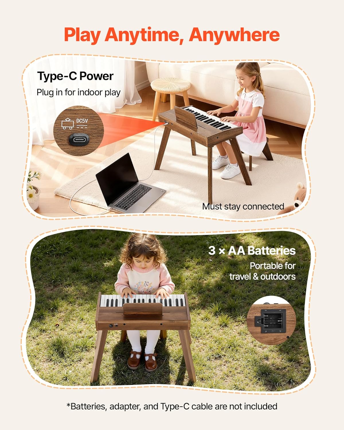Toetsenbord Voor Kinderen Walnoot – Kinderpiano – Speelgoedpiano – Houten Piano – Mini Piano – 37 Toetsen – USB-C En Batterijen