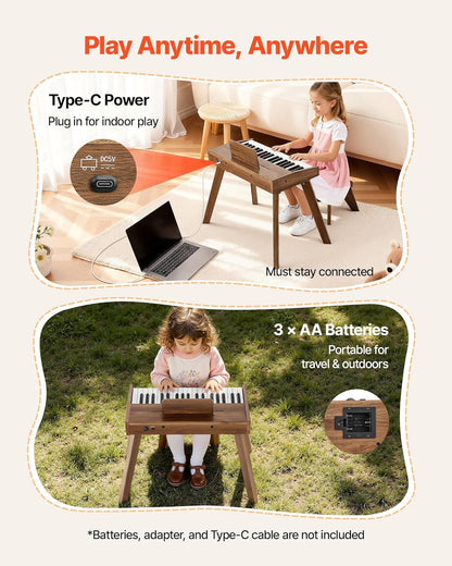 Toetsenbord Voor Kinderen Walnoot – Kinderpiano – Speelgoedpiano – Houten Piano – Mini Piano – 37 Toetsen – USB-C En Batterijen