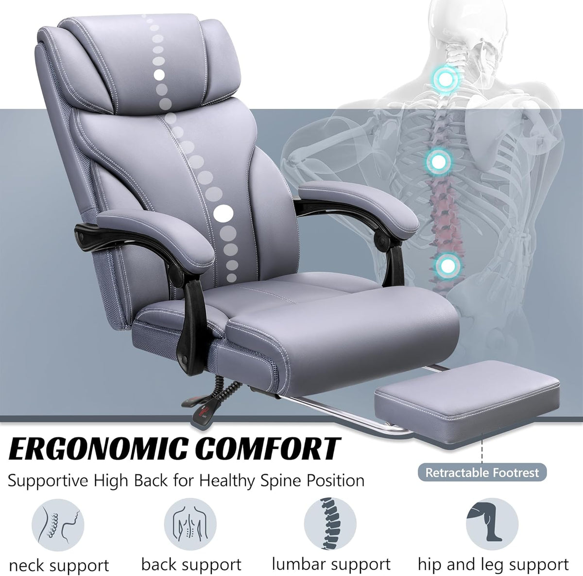 Ergonomische Bureaustoel – Bureaustoel Leder – Kantoorstoel Draaibaar – Executive Bureaustoel – Bureaustoel Met Voetensteun – Verstelbare Hoogte 109-119 cm – Matgrijs PU-Leder