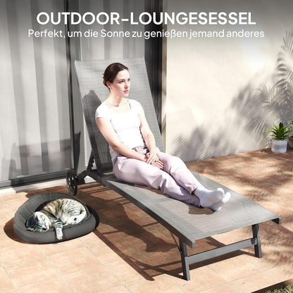 Outsunny Sonnenliege mit Rolle, Gartenliege Alu Liegestuhl mit 5-Fach verstellbare Rückenlehne, wetterfeste Campingliege, Gartenstuhl bis 150 kg load bar, für Garten Urlaub Strand Pool, Dunkelgrau - QUORE