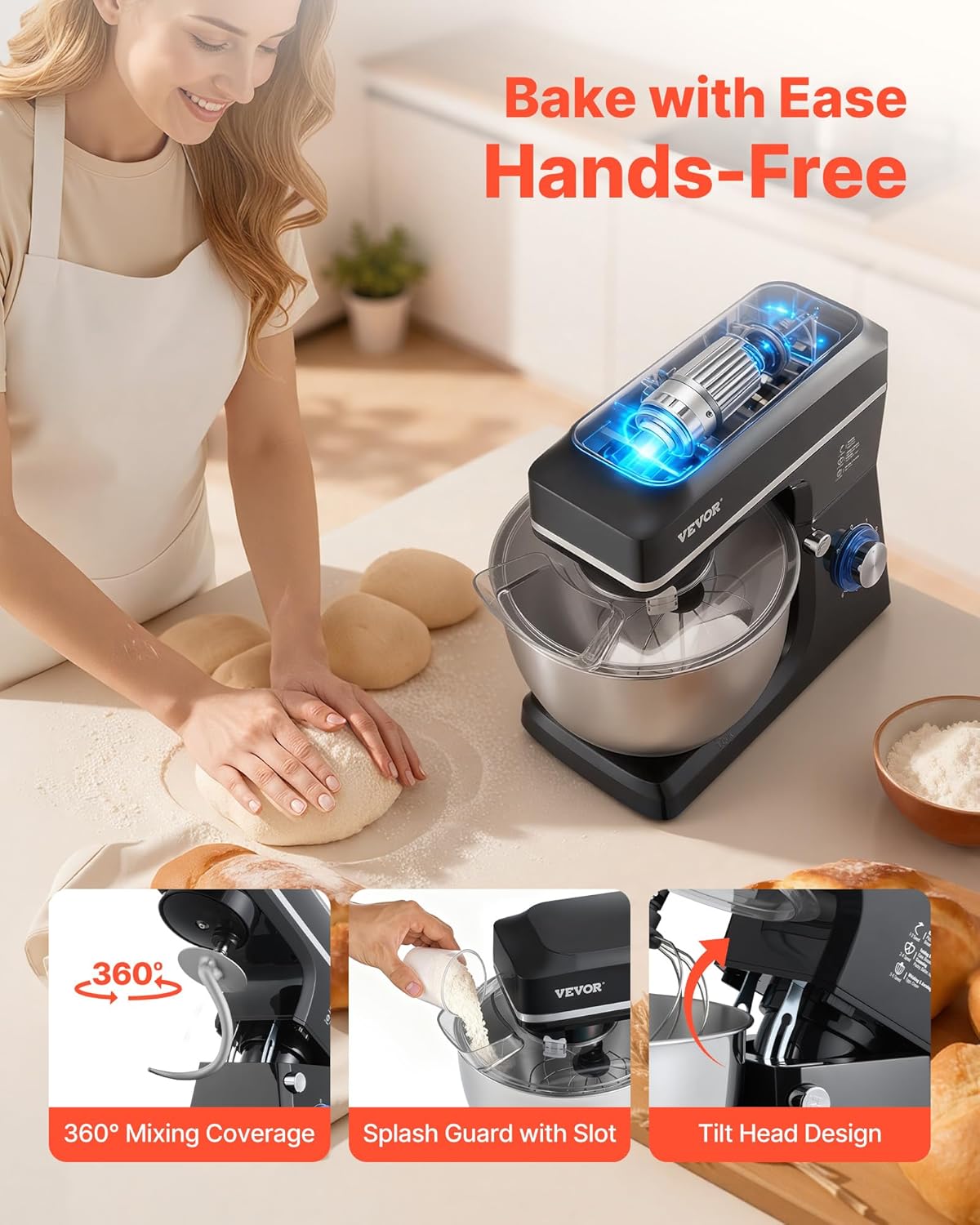 VEVOR Keukenmachine, deegmixer, 1400 W, 7,84 l, keukenmachine met kantelbare kop, roestvrijstalen kom, deeghaak, garde, schraper, huishoudelijke keukenmachine voor bakken en mixen, zwart