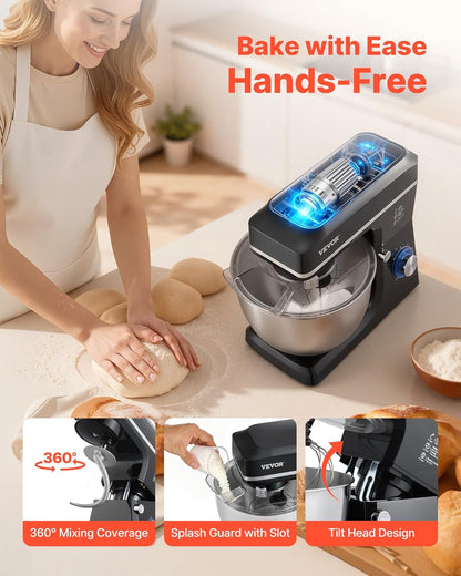 VEVOR Keukenmachine, deegmixer, 1400 W, 7,84 l, keukenmachine met kantelbare kop, roestvrijstalen kom, deeghaak, garde, schraper, huishoudelijke keukenmachine voor bakken en mixen, zwart