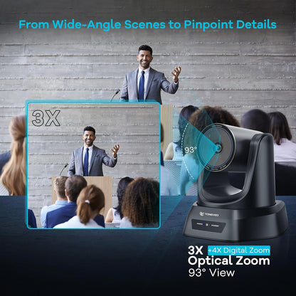 TONGVEO 3X Optische Zoom PTZ Camera AI Auto-Tracking HDMI USB 3.0 1080P 60fps Groothoek voor Videoconferentie Zakelijke Vergadering Live Streaming Online Leren met Zoom YouTube Teams OBS en Meer