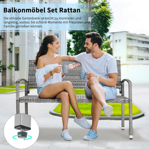 Tuinbank - Buitenbank - Terrasbank - Balkonbank - 2-zitsbank - met Staal Frame - Armsteunen - Tuinmeubelen - voor Tuin - Terras - Balkon - Polyrotan - 122 x 60 x 85 cm - Grijs