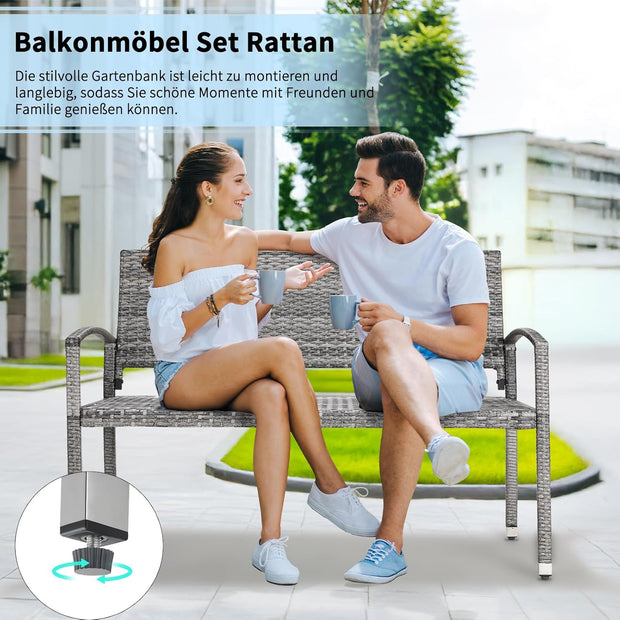 Tuinbank - Buitenbank - Terrasbank - Balkonbank - 2-zitsbank - met Staal Frame - Armsteunen - Tuinmeubelen - voor Tuin - Terras - Balkon - Polyrotan - 122 x 60 x 85 cm - Grijs