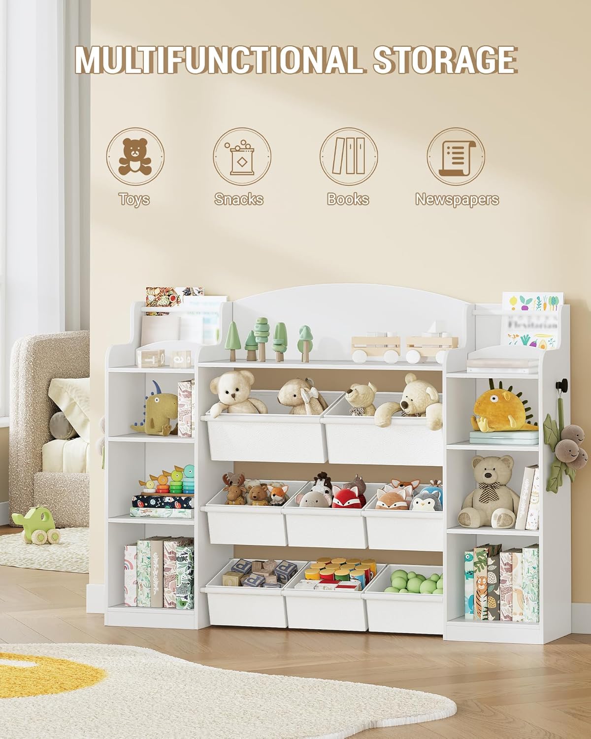 Hzuaneri Children's Bookshelf, Wooden Bookshelf, Toy Shelf with 8 Non-woven Boxes, Suitable for Children's Room, Living Room, Study Room White 30 x 140 x 104 cm KB43003W