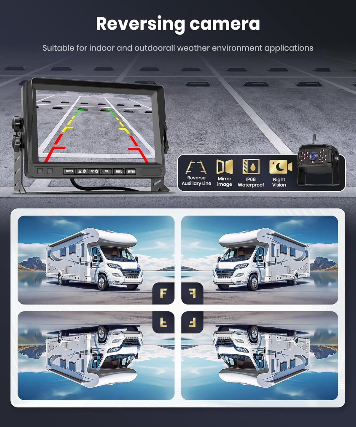 Podofo 4 * Draadloze achteruitrijcamera met 7 inch monitor, IP69 Achteruitrijcamera Waterdichte Groothoek Nachtzicht voor RV / Caravan/LKW, Video Looping, Handmatige Vergroting