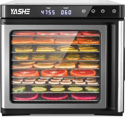 Roestvrijstalen droogautomaat, 1000 W voedseldroger voor groenten en fruit met led-display, nauwkeurige temperatuurregeling (35-75 °C), 48-uurs timer, 9 roestvrijstalen schalen, 2 gaaszeefjes, 1 kom