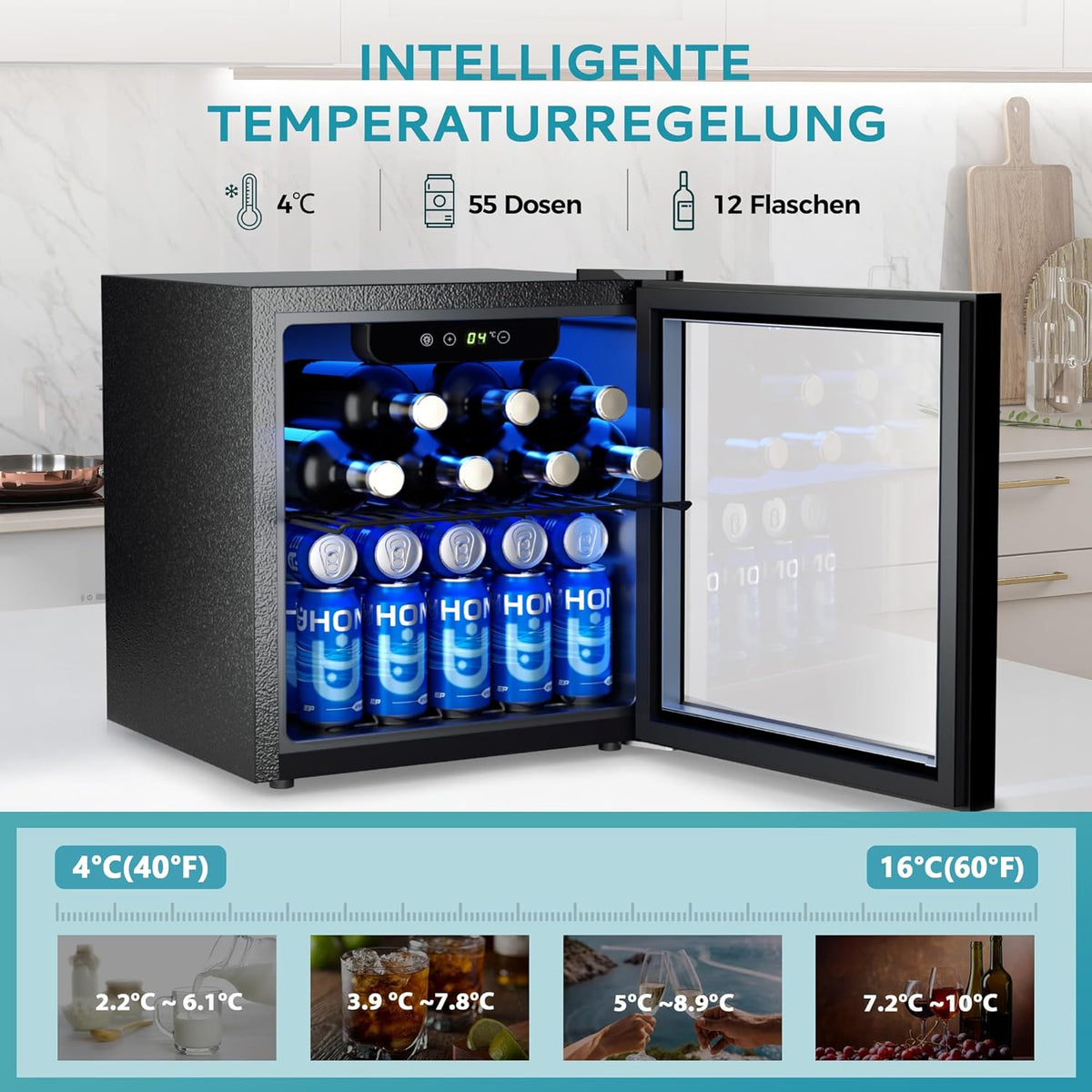 EUHOMY Drankkoelkast, mini-koelkast met glazen deur, bierkoeler, tafeldrankkoelkast voor 55 blikjes, zwart, vrijstaande koelkast met led, 38 dB, voor kantoor, kamer, bar, 36 l, geluidsarm