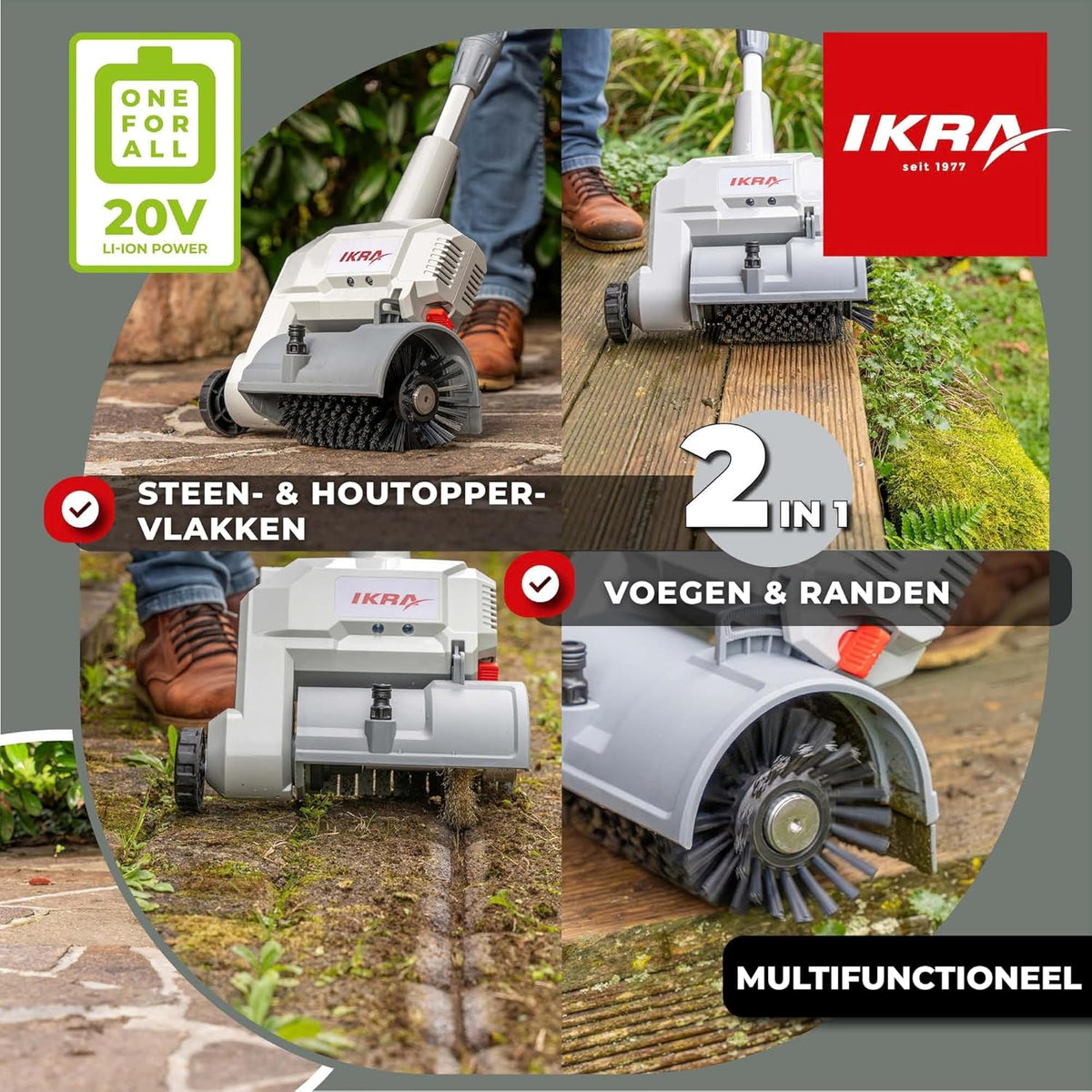 IKRA oppervlaktereiniger voegreiniger Vario Brush IATR 20, incl. nylon oppervlakteborstel, stalen voegenborstel, accu & oplader