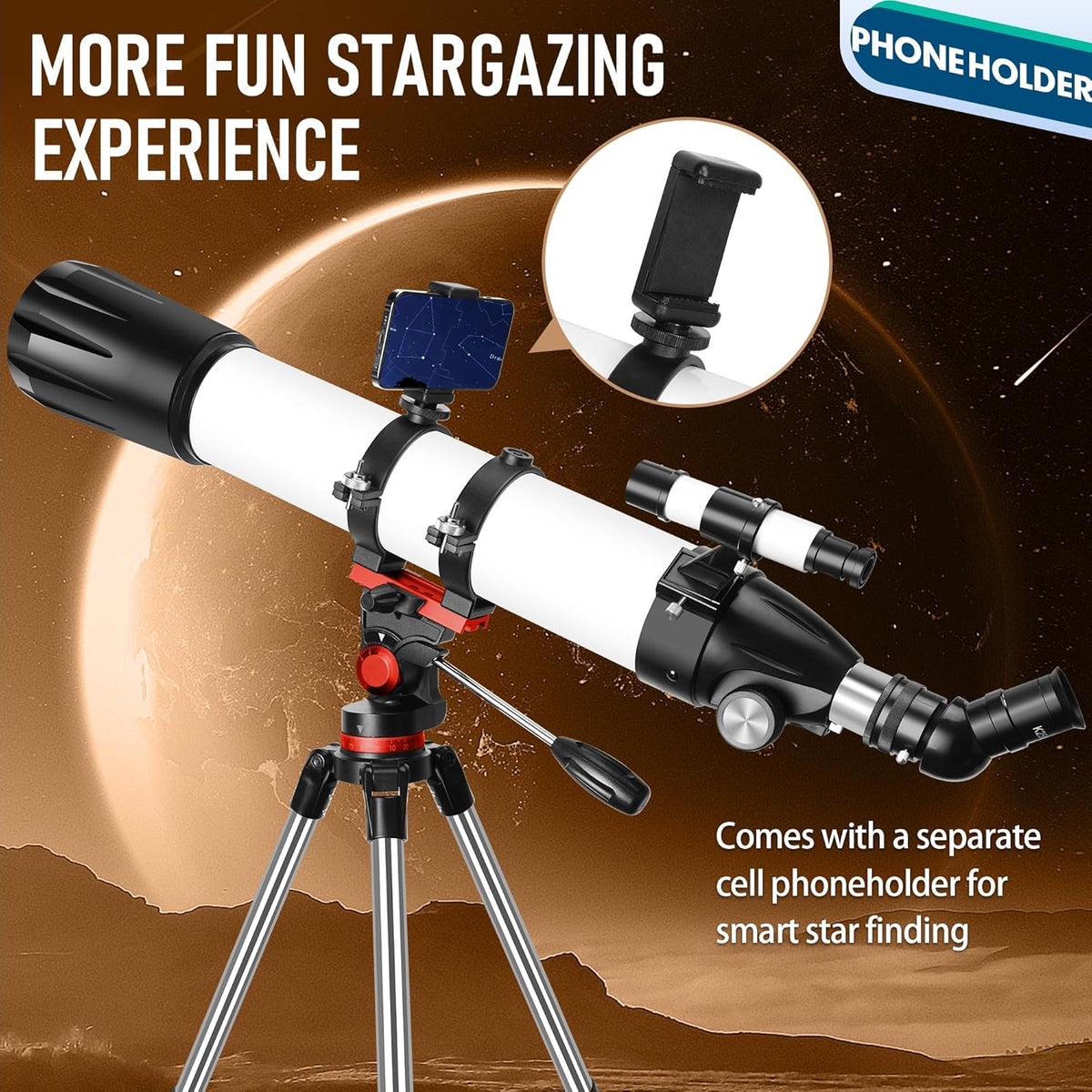 Dianfan Telescoop, 90 mm Opening, 800mm Telescoop Astronomie voor Volwassenen, 32X-240X Refractor Telescopen voor Kinderen en Beginners met Telefoonadapter, AZ Montuur, Statief en Draagtas