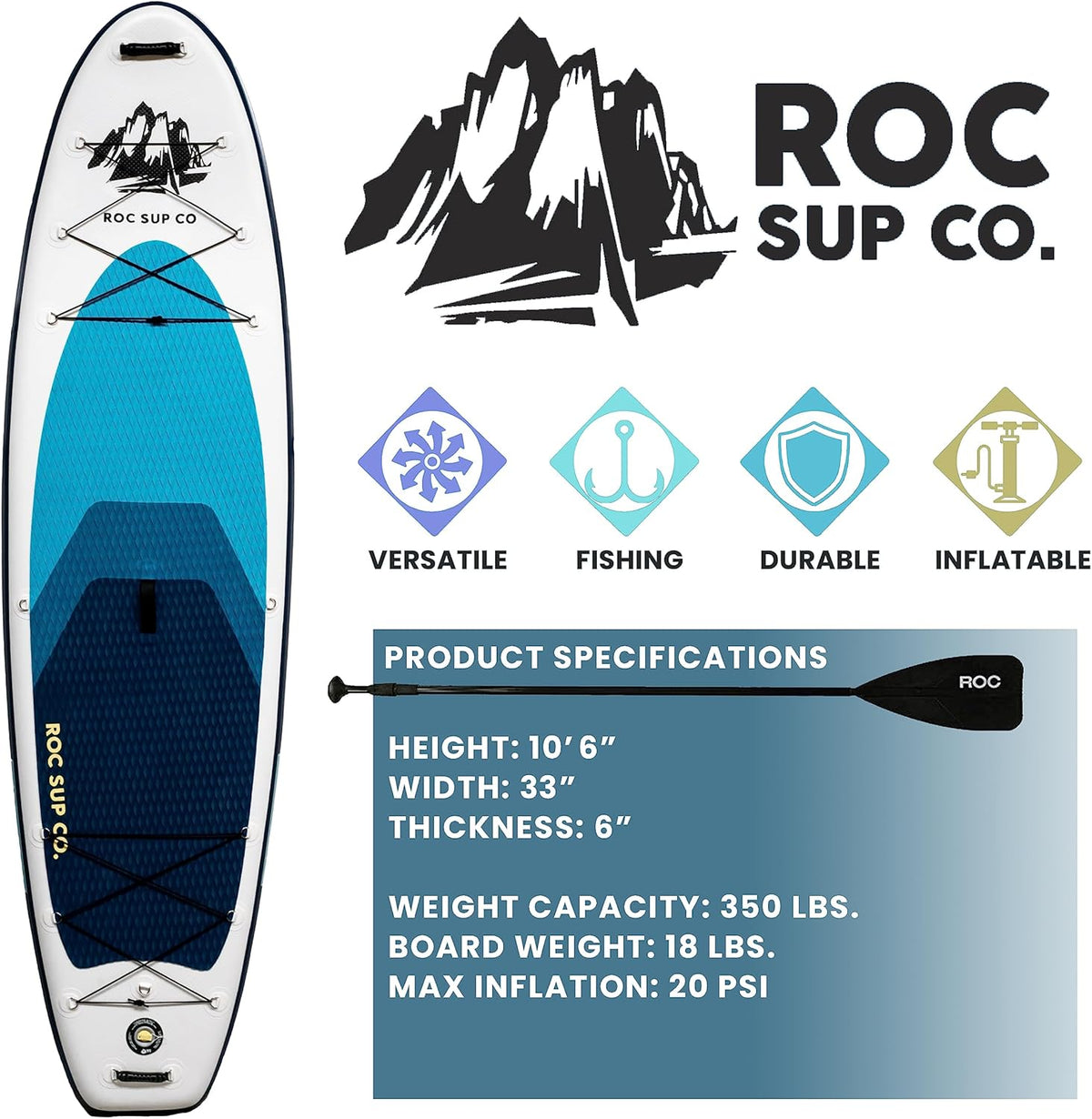 Roc Opblaasbaar Stand Up Paddle Board (6 inch dik) met premium SUP-accessoires Heavy Duty Comfort Rugzak Kajakbevestiging en meer | Wide Stance Non-Slip Deck