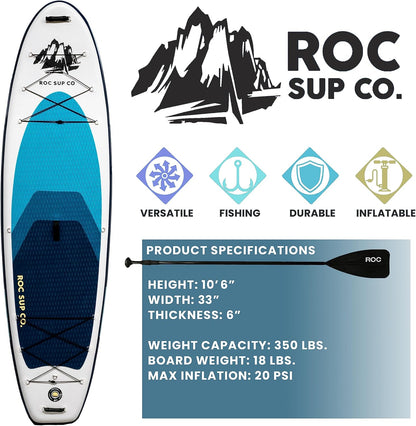 Roc Opblaasbaar Stand Up Paddle Board (6 inch dik) met premium SUP-accessoires Heavy Duty Comfort Rugzak Kajakbevestiging en meer | Wide Stance Non-Slip Deck