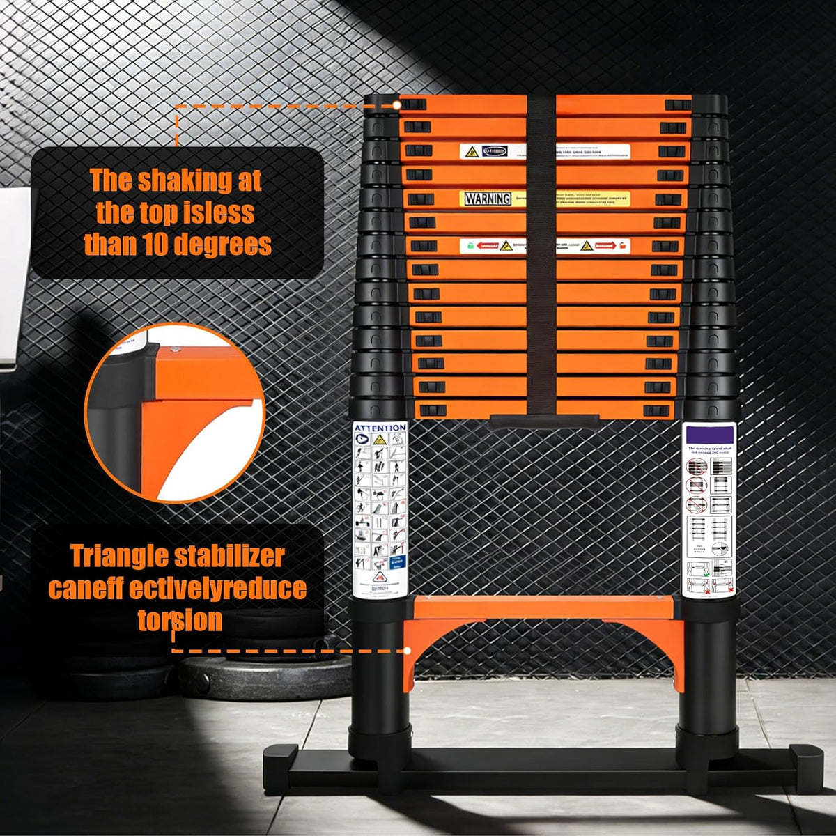 4,4m Telescopische Ladder - Hoogwaardige Uitschuifbare Ladder met Stabilisatoren en Afneembare Haak, Robuuste Draagbare Multifunctionele Rechte Ladder Huisladder Steunladder voor Campers en Zolders