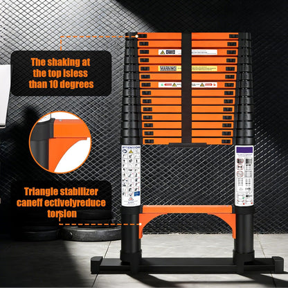 4,4m Telescopische Ladder - Hoogwaardige Uitschuifbare Ladder met Stabilisatoren en Afneembare Haak, Robuuste Draagbare Multifunctionele Rechte Ladder Huisladder Steunladder voor Campers en Zolders