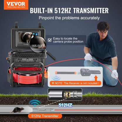 VEVOR Kanaalcamera, 50 m, zelfnivellerende buiscamera met 512 Hz zender, afstandenteller, 9 inch scherm, 1080p HD buisinspectiecamera met 12 leds en 32 GB kaart, endoscoopkanaalbuizen