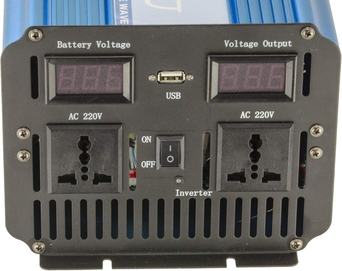 Kalea- Que. 1500 W sinus omvormer. Ingangsspanningsbereik 24 V, uitgangsspanning 220-240 V. Continu uitgangsvermogen 1500 W, piekuitgangsvermogen 3000 W.
