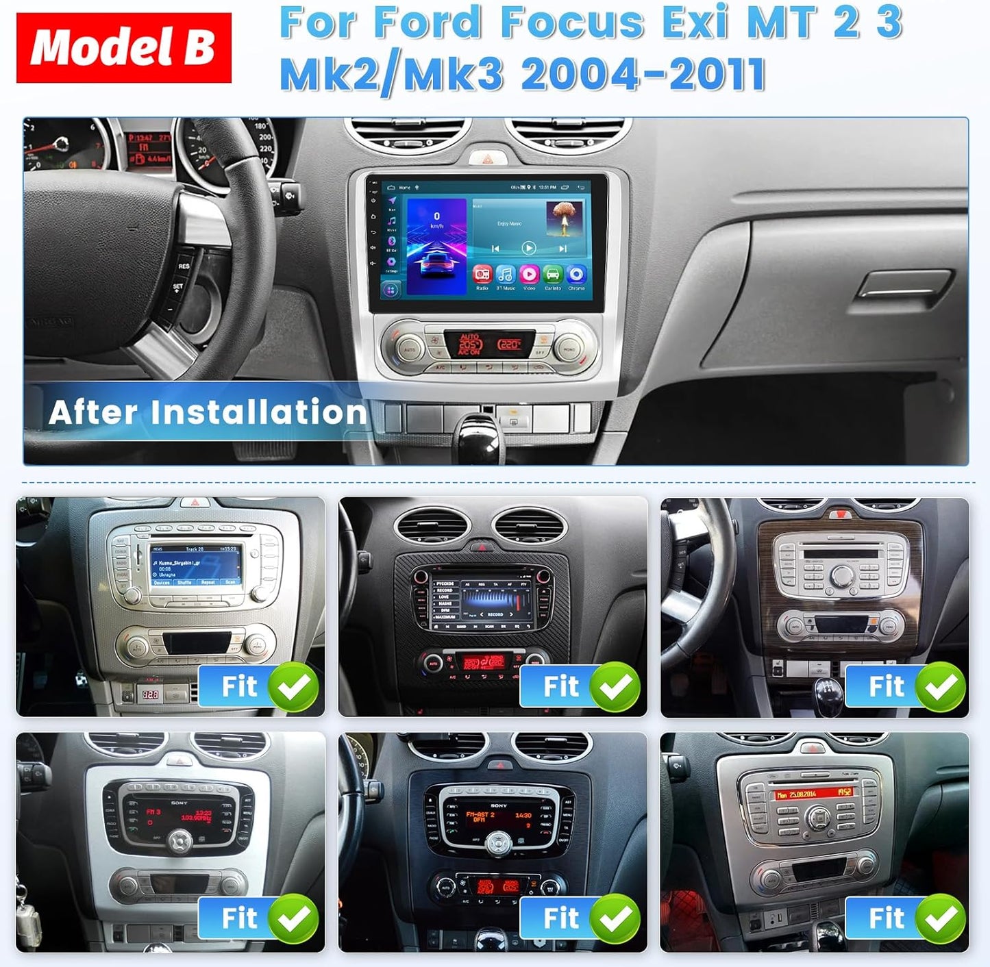 Hikity [2G+64G] Carplay Draadloos voor Ford Focus Exi MT 2 3 Mk2/Mk3 2004-2011 9 Inch Android 13 Radio met GPS Bluetooth Android Auto WiFi RDS Hi-FI FM SWC Achteruitkijkcamera