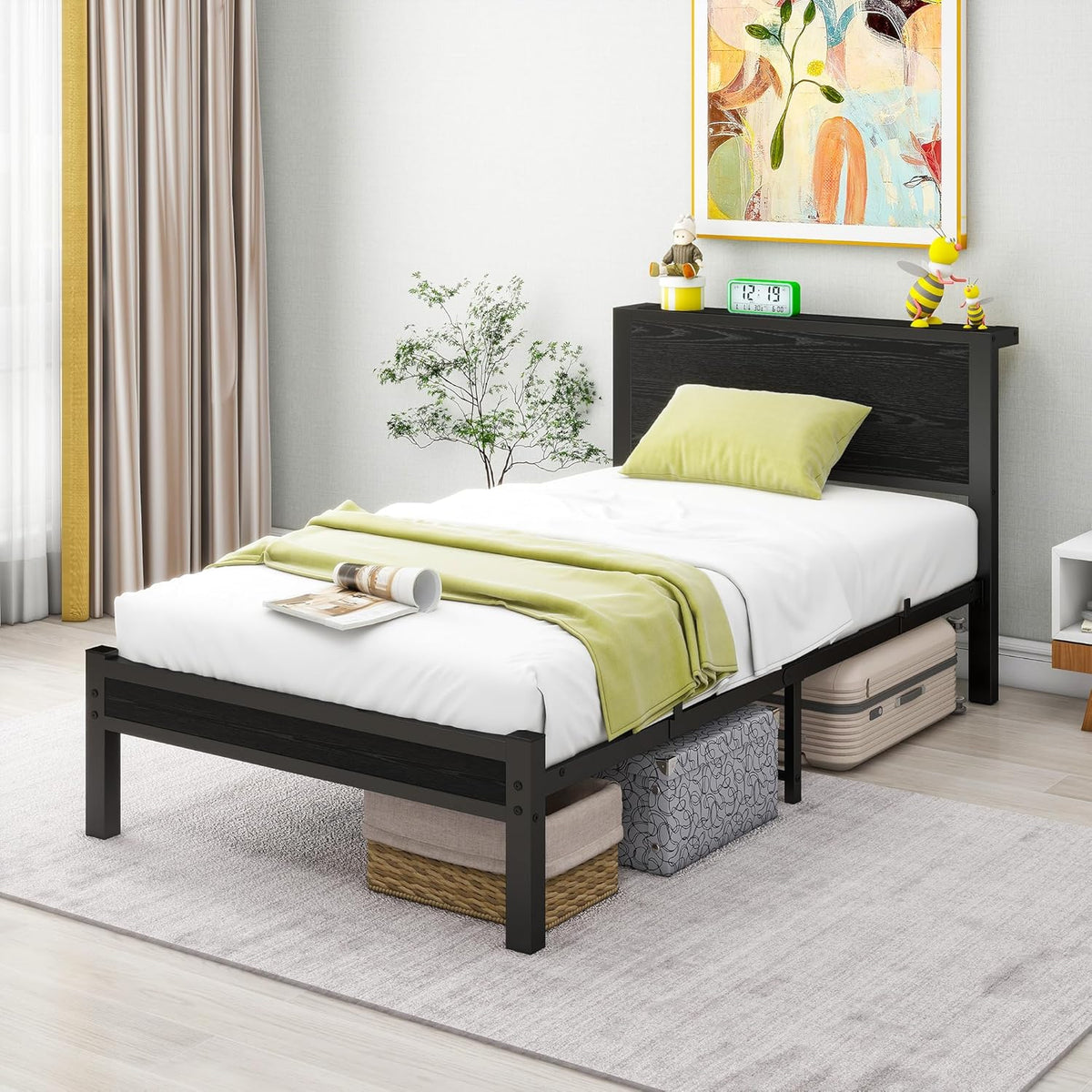 DUMEE Eenpersoonsbedframe met houten opbergplank hoofdeinde, 3FT metalen platform bedframe eenpersoonsbed, geen boxspring nodig, verbeterde ondersteuning, zwart eiken