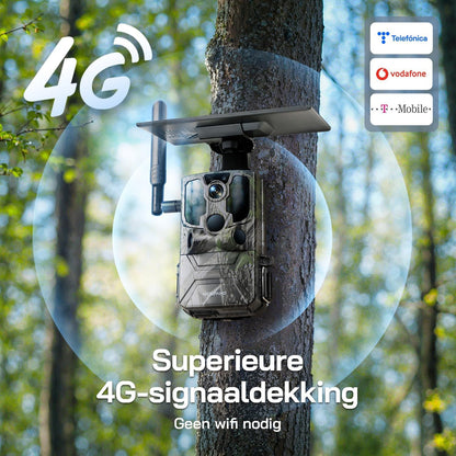 WOLFANG WT04 Jachtcamera, 4G Fotoval op Zonne-energie met Vooraf Geïnstalleerde Simkaart en SD-kaart, Externe 2.5K-jachtcamera met Zonnepaneel, Onzichtbaar Infrarood, PIR-detectie, Waterdicht