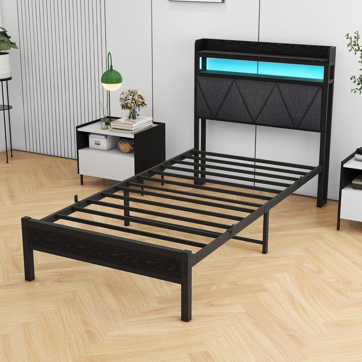 Gestoffeerd bedframe 90 x 200 cm, eenpersoonsbed frame met led en laadstation, bedframe met opbergruimte, tienerbed, logeerbed met hoofdeinde, perfect voor slaapkamer, logeerkamer, donkergrijs